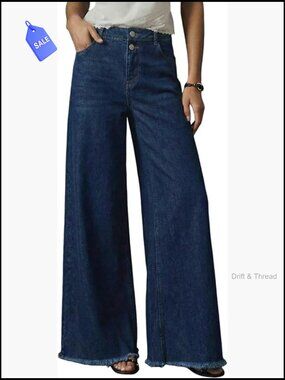 High Waisted Wide Leg Jeans Stretchy Raw Hem Denim Pants